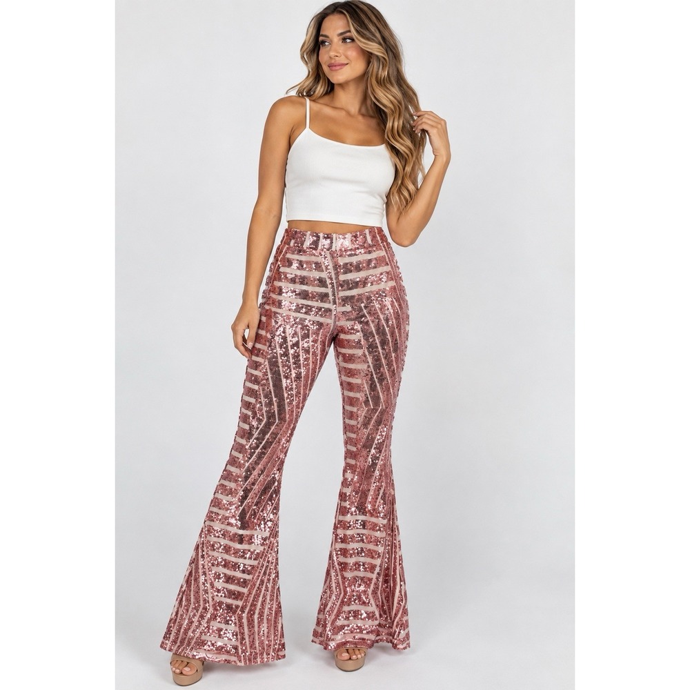 Women's M Pink Sequin Flare Pants Disco Studio 54 Barbiecore Y2K Party Glam